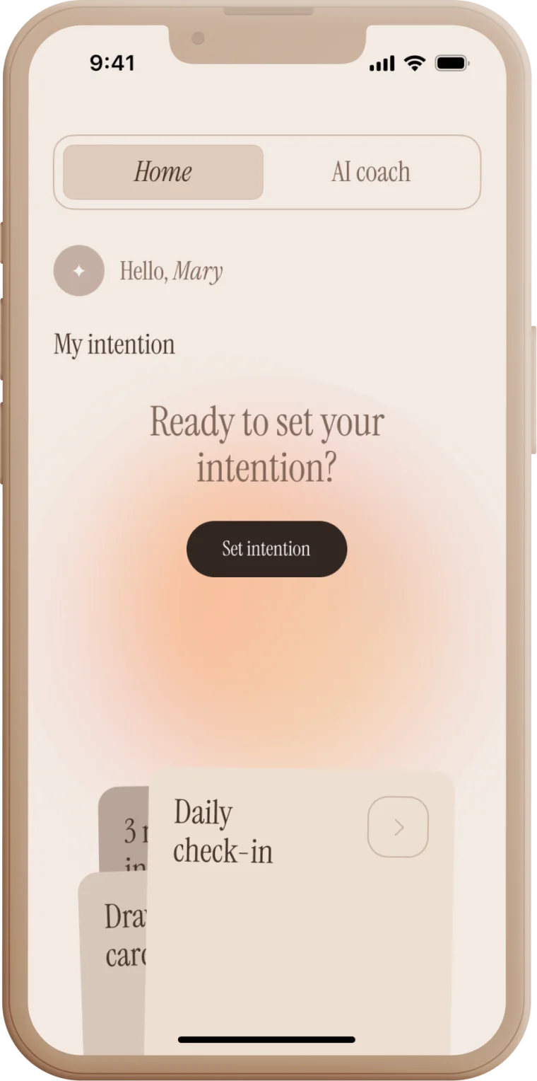 The Intentions home screen with the Set intention button and daily check-in cards